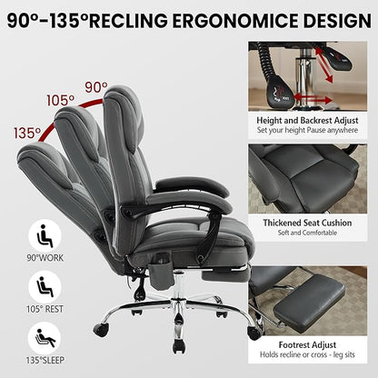 Massage Office Chair 4 Points with Footrest,Reclining Executive Desk Chair with Vibration Heat for Heavy People 500lbs,Lumbar Support PU Leather,Adjustable Height Ergonomic (Gray)