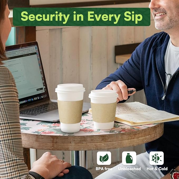 Disposable Coffee Cups with Lids & Sleeves 16 oz Paper Cups, 50 Pack To Go Hot Cups with Lids, BPA Free Thickened Leak Proof White Disposable Cups for Everyday Use Office Coffee Bar Supply Essentials