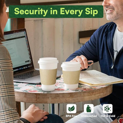 Paper Cups 16 oz Disposable Coffee Cups with Lids and Sleeves,100 Pack To Go Hot Cups with Lids & Kraft Sleeves, BPA Free Leak Proof Disposable Cups for Everyday Use Cafe Office Coffee Bar Essentials