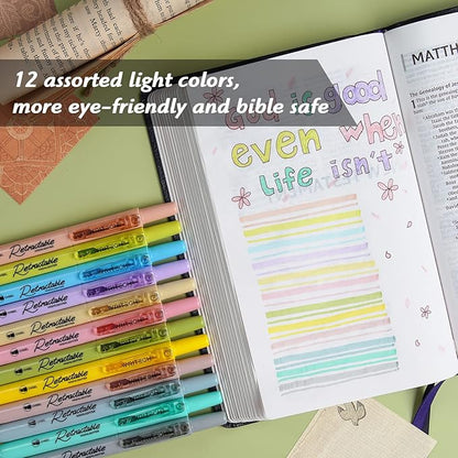 WRITECH Retractable Bible Highlighters Assorted: Pastel Colors No Bleed Aesthetic Marker Pen Chisel Tip, 12 Pack