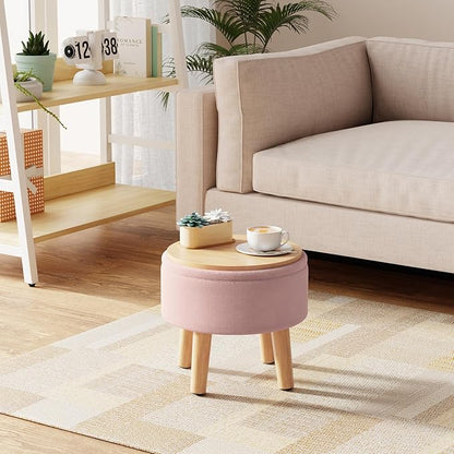 Poofzy Small Ottoman with Storage, Small Foot Stool Ottoman with Wood Legs, Velvet Foot Rest for Couch, Living Room and Bedroom - Pink
