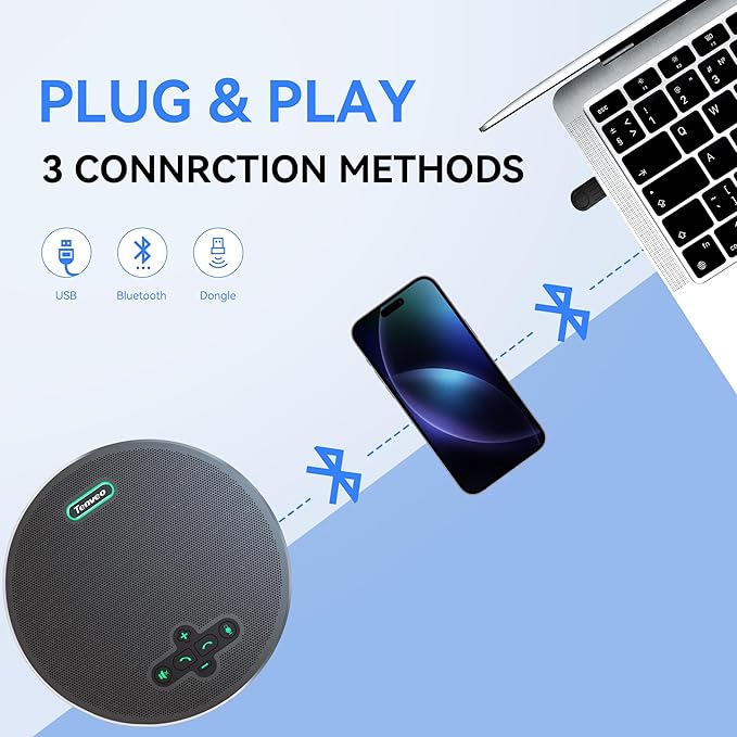 Tenveo Wireless Conference Microphone with Speaker, USB/Bluetooth/Wireless Connectivity, 8 AI Mics 360° Pickup Noise Reduction for Zoom Teams OBS Supports 15 People 18H Talk Time