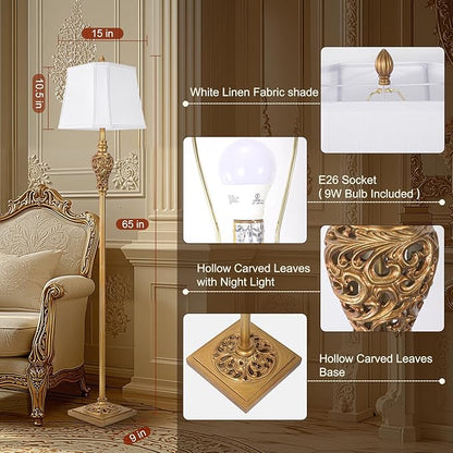 Vintage Farmhouse Floor Lamp with Nightlight, 65" Tall Standing Lamp with White Linen Fabric Shade, Antique Gold Finish, Elegant Reading Corner Light for Living Room, Bedroom, Office (Bulb Included)