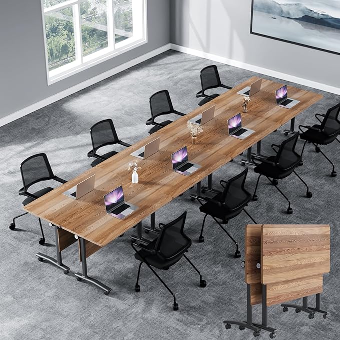 Conference Table, Foldable Conference Room Tables with Silent Wheels, Folding Modular Seminar Meeting Tables, Modern Rectangle Training Table for Office, Boardroom (2, Wood, 55.1)