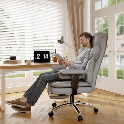 Ergonomic Office Chair with Foot Rest and Arms,Big and Tall Leather Executive Office Chair with Wide&Deep Seat Thickened,Reclining Comfy Desk Chair with High Back and Lumbar Support,Grey