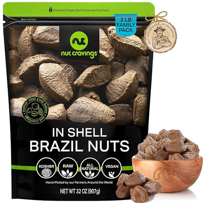 NUT CRAVINGS - Raw Brazil Nuts In Shell - Whole, (32oz - 2 LB) Bulk Nuts Packed Fresh in Resealable Bag - Healthy Protein Food Snack, Food Assortments