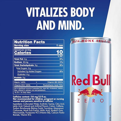 Red Bull Zero Energy Drink, 12 fl. oz., with 114mg Caffeine, Taurine & B Vitamins, 6 Packs of 4 Cans, Pack of 24