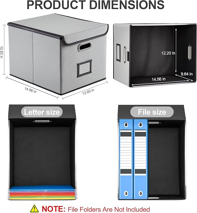 Collapsible File Box with Lid & Plastic Slide - Hanging Document Organizer for Office/Home, 14.96x12.6x10.83 Inch,Decorative Home File Bin,Light Grey, 1 Pack (No Folders Included)
