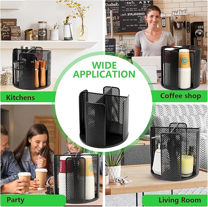Coffee Cup Dispenser,Disposable Paper Cup and Lid Holder 360° Rotatable with 4 Compartments,Can Stacking 3-16oz Cups and Lid Holder for Coffee Shop,Home Countertop,Kitchen,Restaurant,Office