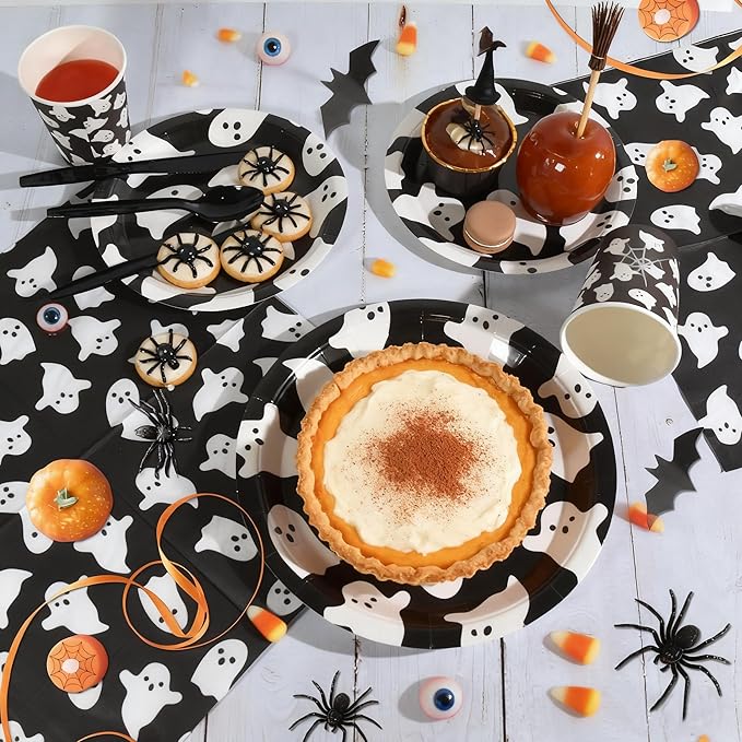 Halloween Disposable Party Tableware for 25 Guests,175pcs Disposable Tableware Set, Including Paper Plates,Paper Cups ,Knives, Forks, Spoons, Suitable for Party Supplies, Birthday Decorations，Black