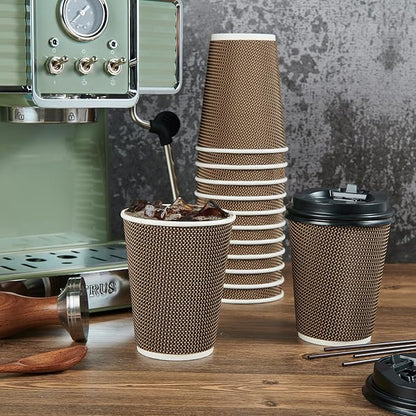 LITOPAK 80 Pack 12 oz Paper Coffee Cups, Insulated Ripple Wall Hot Coffee Cups with Lid and Straws, Brown Three Layer Insulated Hot Beverage Cups for Parties, Picnic, and Travel