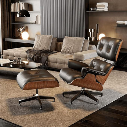 Mid Century Chaise Lounge Chair with Ottoman, Top Black Grain Leather, Modern Office Chair Classic Design, Heavy Duty Base Support for Living Room Study Lounge Office