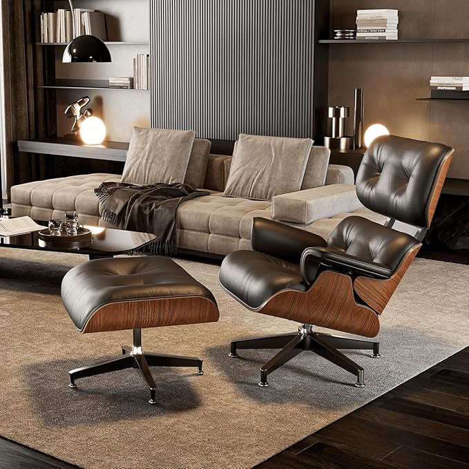 Mid Century Chaise Lounge Chair with Ottoman, Top Black Grain Leather, Modern Office Chair Classic Design, Heavy Duty Base Support for Living Room Study Lounge Office