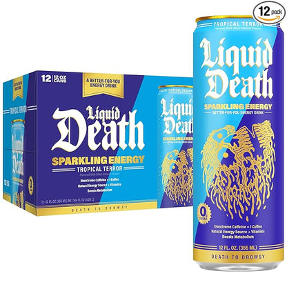 Liquid Death Tropical Terror, Piña Colada-Flavored Sparkling Energy, Sugar-Free Energy Drink, 100mg Caffeine, 12 Fl Oz (Pack of 12)