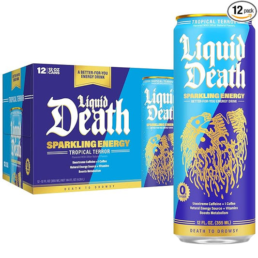 Liquid Death Tropical Terror, Piña Colada-Flavored Sparkling Energy, Sugar-Free Energy Drink, 100mg Caffeine, 12 Fl Oz (Pack of 12)