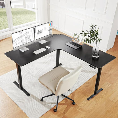 HUANUO Electric L Shaped Standing Desk, 63" x 63" Height Adjustable Corner Standing Desk with Built-in Power Outlets & Power Strip Holder, Sit Stand Up Table with 3 Preset Heights, Black