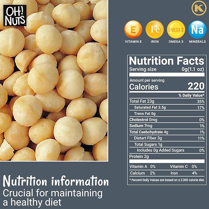 Oh! Nuts Macadamia Nuts - 1 lb - Dry Roasted Unsalted Macadamia Nuts - Oven Roasted - No Oil - Packed in New York Zip-Seal Bag for Exceptional Freshness