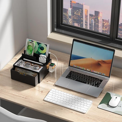 Pezin & Hulin Bamboo Charging Station for Multi Device, with Power Charger & Cables, Nightstand Docking Station with Lined Tray & Drawer, Compatible with Tablet, Cell Phones-Black