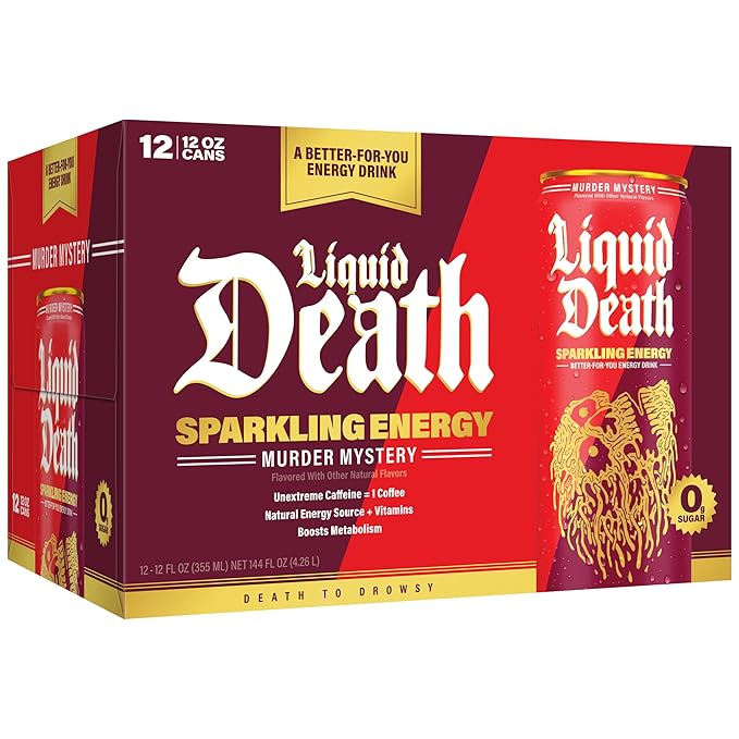 Liquid Death Murder Mystery, Cherry and Spice-Flavored Sparkling Energy, Sugar-Free Energy Drink, 100mg Caffeine, 12 Fl Oz (Pack of 12)