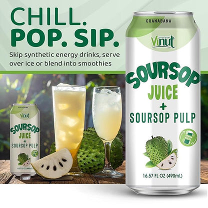 Vinut 100% Soursop Juice With Pulp (16.57 fl oz, Pack 6), No Sugar Added, Real Guanabana Soursop Graviola Drink, Fresh, Natural, Not from Concentrate (NFC)
