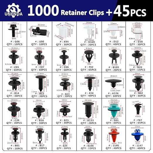 Car Push Retainer Clips 1045PCS Auto Fasteners Assortment-30 Most Popular Sizes Nylon Bumper Fender Rivets with 10 Cable Ties and Blue Fastener Remover for Ford GM Toyota Honda Chrysler Benz Nissan