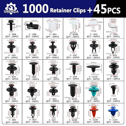 Car Push Retainer Clips 1045PCS Auto Fasteners Assortment-30 Most Popular Sizes Nylon Bumper Fender Rivets with 10 Cable Ties and Blue Fastener Remover for Ford GM Toyota Honda Chrysler Benz Nissan