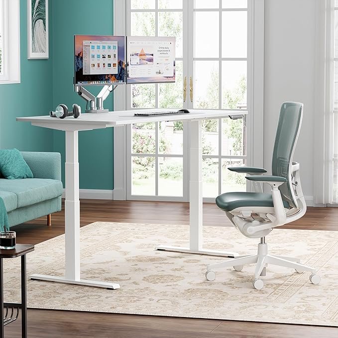 Pro 3 Stages Dual Motor 59 x 30 in Electric Standing Desk with One Piece Desktop, Adjustable Height, Sit to Stand Up Desk for Home Office, Work Study, White Frame & White Desktop (2 Packages)