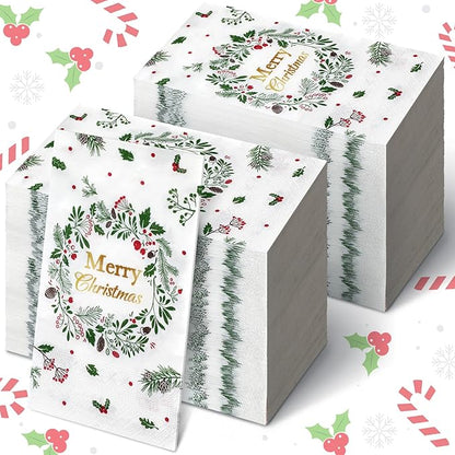 Karenhi 200 Pcs Merry Christmas Guest Napkins Holly Berry Disposable Hand Towel for Bathroom 2 Ply Xmas Decorative Napkin Bathroom Paper Hand Towels Christmas Party Decor for Winter Party Holiday