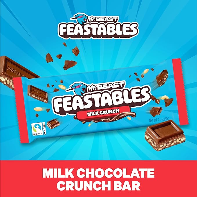 Feastables MrBeast Combo Pack, King Size Milk Chocolate & Milk Crunch Bars, 10 Each, Candy Bars for Adults & Kids, Candy Bar for Snacks, Gifts, or Dessert, Fairtrade Cocoa, 2.1 Oz Each, 20 Count