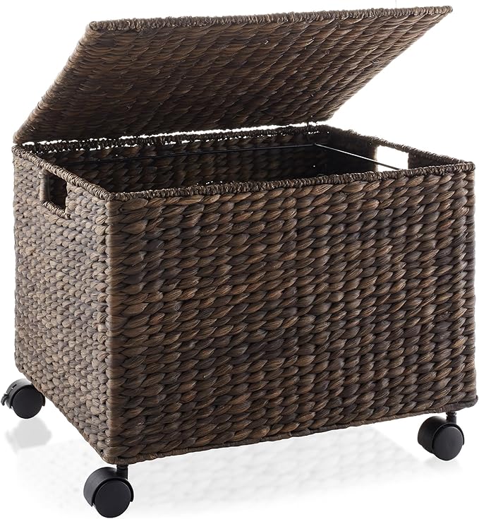 Casafield Rolling Filing Cabinet, Espresso - Water Hyacinth File Organizer with Lid and Locking Wheels, Home Office Storage for Hanging Folders