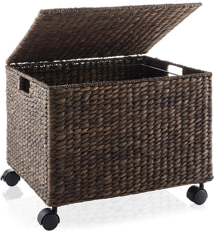 Casafield Rolling Filing Cabinet, Espresso - Water Hyacinth File Organizer with Lid and Locking Wheels, Home Office Storage for Hanging Folders