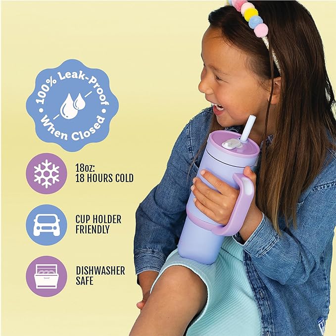 Ello Oasis 18oz Kids Tumbler with Handle & Retracting Straw, 100% Leakproof Reusable Insulated Stainless Steel Cup, Keeps cold for 18 Hours, Cup Holder Friendly, Lavendar Fields