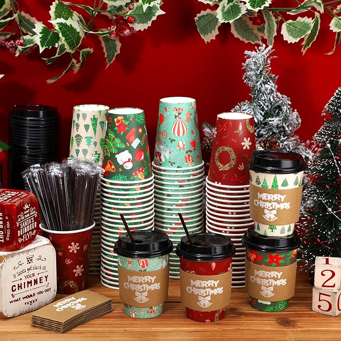 Lallisa 100 Sets Christmas Disposable Coffee Paper Cups Bulk with Lids Sleeves & Straws, 12 oz Red and Greenxmas Snowman Coffee Cups for Hot Cocoa Cold Tea Holiday Party Supplies