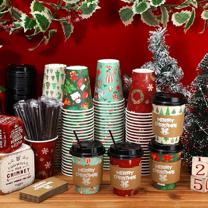 Lallisa 100 Sets Christmas Disposable Coffee Paper Cups Bulk with Lids Sleeves & Straws, 12 oz Red and Greenxmas Snowman Coffee Cups for Hot Cocoa Cold Tea Holiday Party Supplies