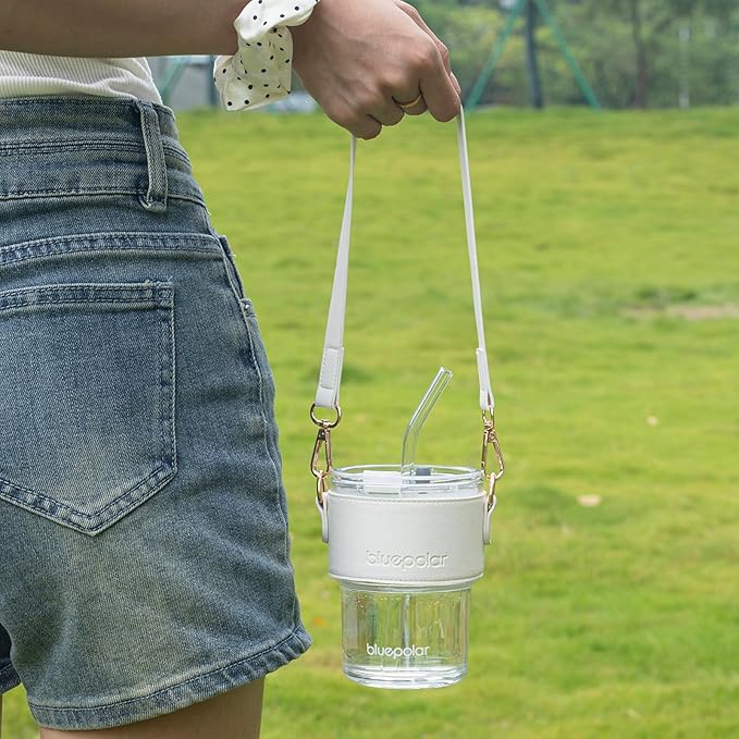 13oz/400ml Glass Water Tumbler with Straw and Lid Sealed Carry On Thick Wall Iced Coffee Cup Glass Cup for Water, Iced Tea Fruit Juice Etc (White with Sleeve and Strap)