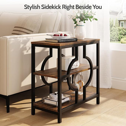 End Table, Narrow Side Table with 3-Tier Storage Shelves, Wood Sofa Side Table with Geometric Metal Frame for Living Room, Industrial Bedside Nightstand for Bedroom (Brown)