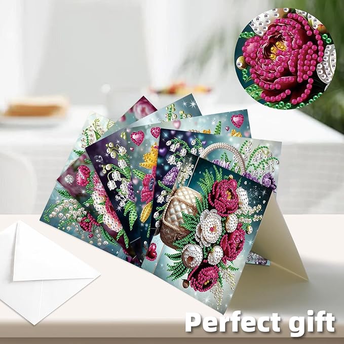 jinglinhh 12pcs Diamond Art Painting Flower Bouquet Handbag Greeting Cards with Envelopes, DIY Card Making Kits for Adults, Diamond Art Postcards Christmas Cards Craft Gifts