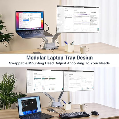 AVLT Dual 17”-38" Monitor Arm Desk Mount with 17" Laptop Tray and USB-C Docking Station, HDMI 4K60Hz, USB-A 5Gbps, Ethernet, 100W PD, Fits Two Flat/Curved Monitor - Gray