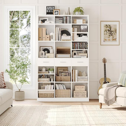 HOSTACK 75" Tall Book Shelf and Bookcase, 47" Wide Bookshelf with Drawers, Modern 9 Tier Bookcase with Storage, Large Wood Display Cabinet with Adjustable Shelves for Living Room, Home Office, White