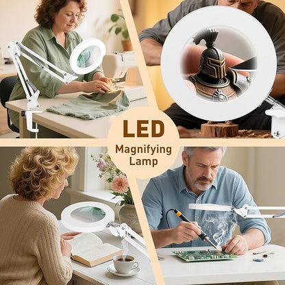 KIRKAS 10X LED Magnifying Lamp with Clamp Real Glass Lens, 3 Color Modes and Stepless Dimmable Magnifier Desk Lamp,Adjustable Swivel Arm Lighted Magnifying Glass for Repair Craft Close Work-White