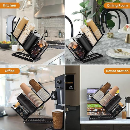 Cup and Lid Holder, Adjustable Coffee Cup Holder Organizer, 4 Compartment Disposable Cup Dispenser with Mesh Basket for Coffee Pod Straw Storage, Countertop, Office Breakroom (Black)