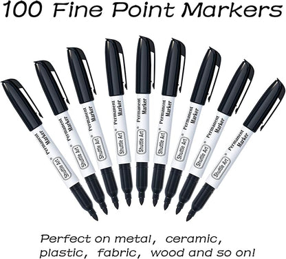 Shuttle Art 100 Pack Black Permanent Markers, Fine Point Permanent Marker Pens Set Perfect on Plastic, Wood, Stone, Metal and Glass for Doodling, Writing, Marking, Office School Supplies