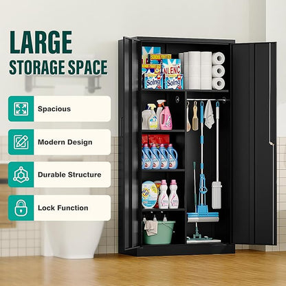Wide & Deep Metal Storage Cabinet with Hanging Rod,Black Broom Closet Storage Cabinet with Lock,72" Tall Wardrobe Cabinets with Doors and Shelves,Locking Steel Tool Cabinets for Home,Office,Garage