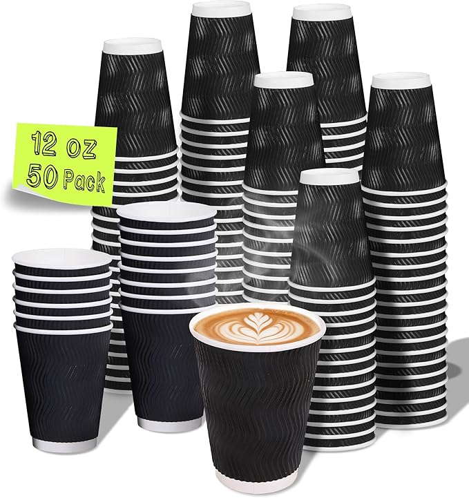 Disposable Coffee Cups 12 oz, 50-Pack Corrugated Insulated Paper Cups for Hot and Cold Drinks, Ripple Wall Design, Black