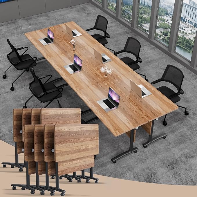 Conference Table Folding Conference Room Tables, Modern Mobile Meeting Training Table with Silent Wheels, Foldable Seminar Table for Offices, Classrooms, Libraries (8, Wood, 55.1in)