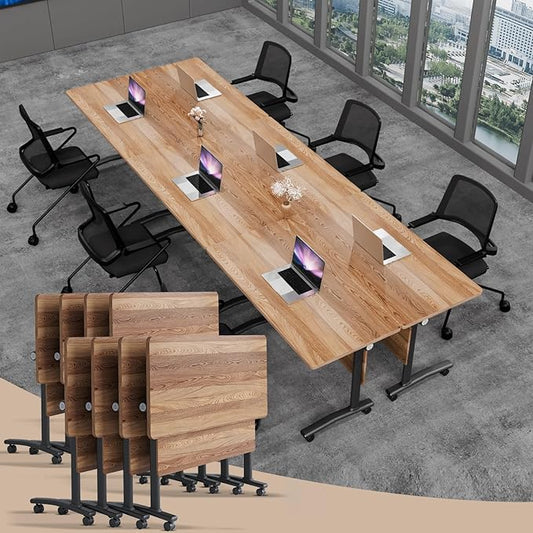 Conference Table Folding Conference Room Tables, Modern Mobile Meeting Training Table with Silent Wheels, Foldable Seminar Table for Offices, Classrooms, Libraries (8, Wood, 61in)