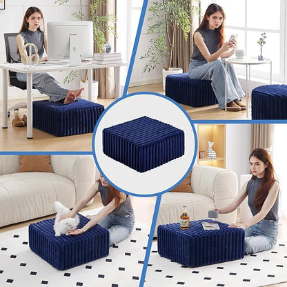 Tiita Suqre Stuffed Pouf Ottoman, Stripe Poufs 21×21×10 inch with Foam Chunk Filling, Floor Bean Bag Floor Chair Storage for Living Room Bedroom Home Decor, Navy Blue