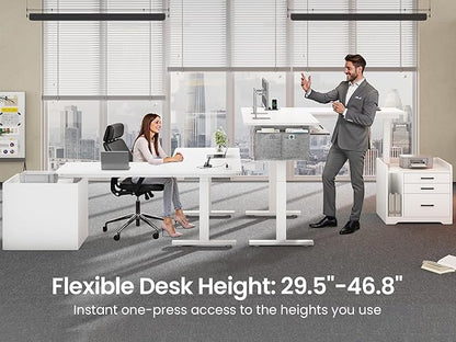 SEDETA L Shaped Electric Standing Desk with File Cabinet, 63 x 53'' Height Adjustable Home Office Computer Desk with Drawers, Power Outlet, Stand up Gaming Table with Led Lights, Keyboard Tray, White