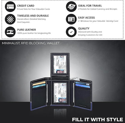 Real Leather Mens Trifold Wallet RFID Blocking Slim Minimalist Front Pocket - Thin & Stylish with ID Window in Gift Box