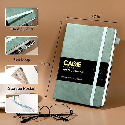 CAGIE Bullet Dotted Journal Notebook 320 Pages 100 GSM Paper Hardcover A5 Dot Grid Notebook Leather Journals for Writing Women Men Work Journaling, Green